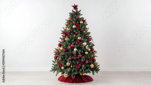 Classic Christmas tree decorated with red and gold ornaments evokes festive joy