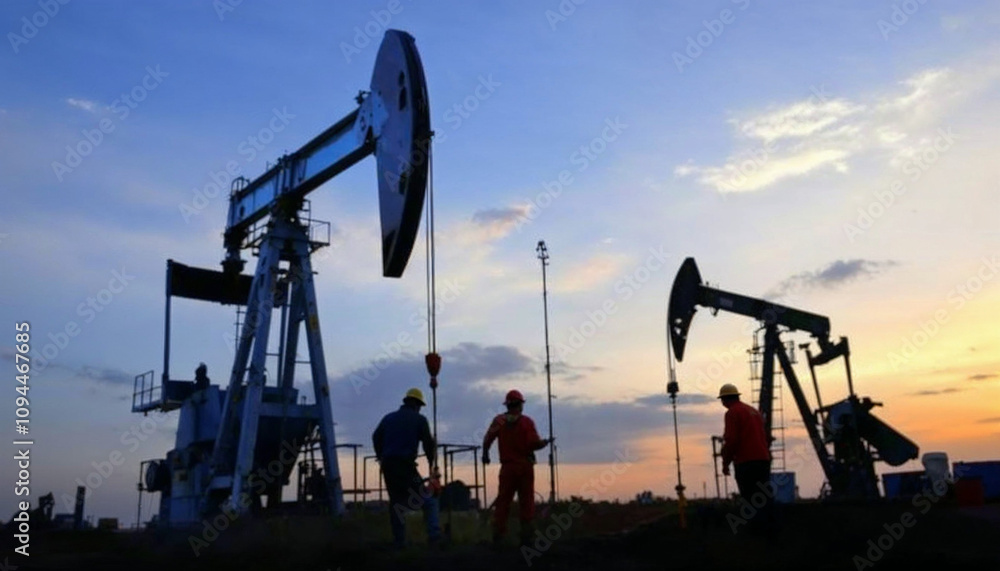 Workers standing and checking beside working oil pumps. Workers standing and checking beside working oil pumps.