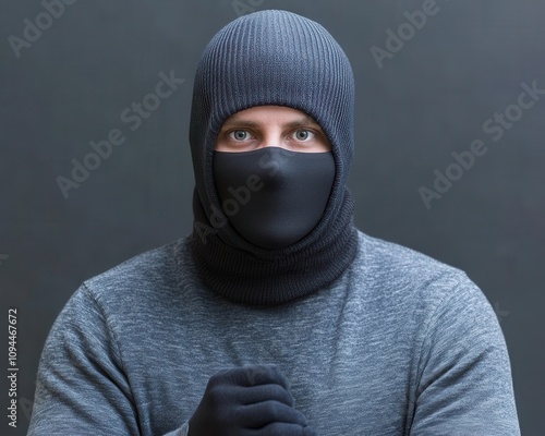 Masked individual in a dark setting, creating tension. photo