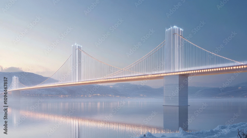 A modern suspension bridge spans a serene, snowy landscape at dusk, illuminated by soft lights. A modern suspension bridge spans a serene, snowy landscape at dusk, illuminated by soft lights.