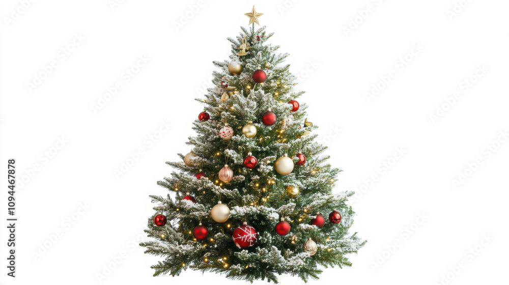 Festive Christmas tree, adorned with red and gold ornaments, evokes joy and warmth Festive Christmas tree, adorned with red and gold ornaments, evokes joy and warmth