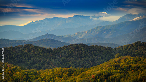 Corsican landscape with mountains in the background and spectacular clouds