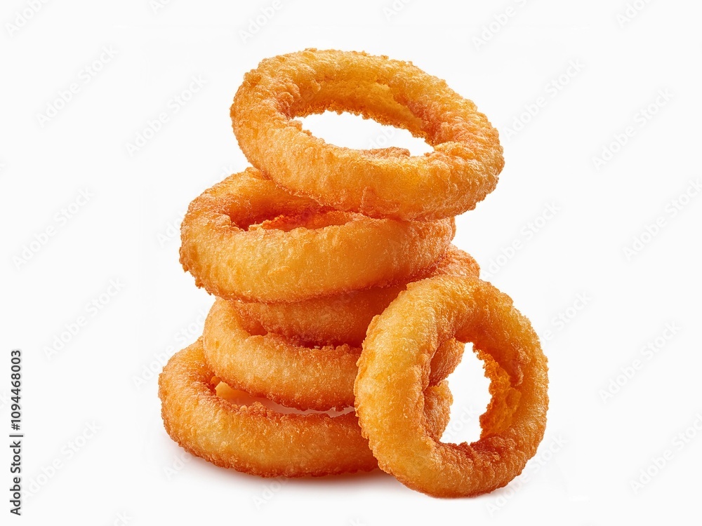 Fried onions rings on fried calamari isolated on white background with clipping path Fried onions rings on fried calamari isolated on white background with clipping path