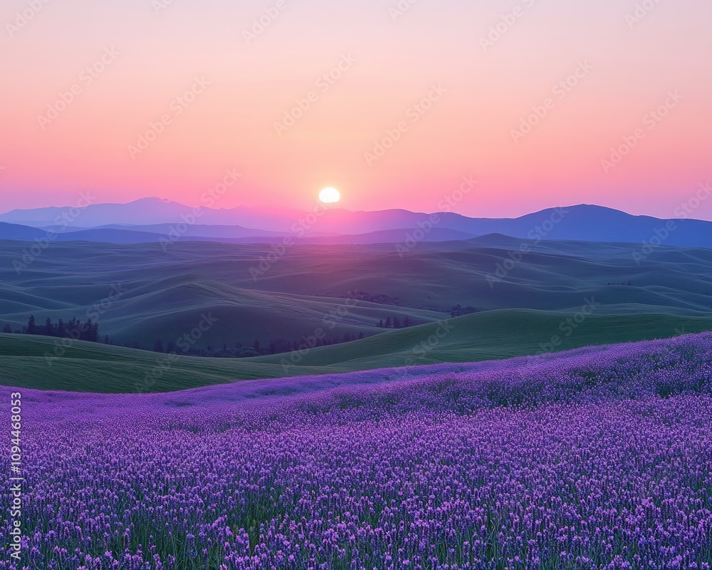 Obraz premium Serene Sunrise over Pastoral Fields Breathtaking Panorama of Glowing Lavender Fields at Dawn, showcasing the picturesque rolling hills and tranquil atmosphere of a pastoral landscape bathed in the