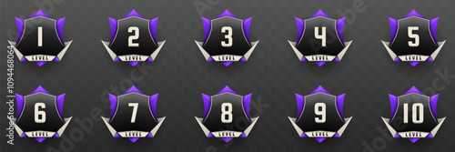 Game Level Up Badges in Black, Silver and Purple Color-Themed for Game UI Designs