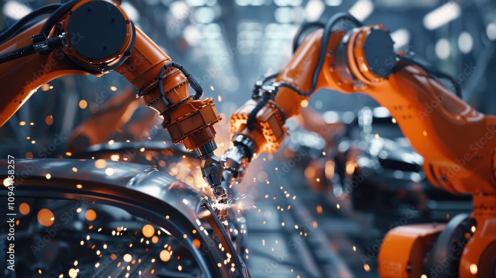 Robotic Arms Welding Precision in Automotive Assembly Line with Sparks Robotic Arms Welding Precision in Automotive Assembly Line with Sparks