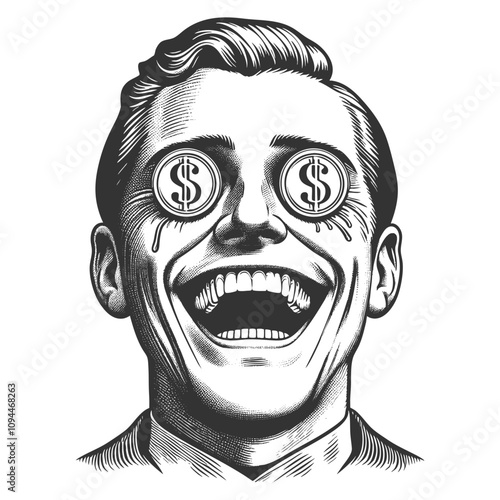man with excited expression and dollar signs in his eyes, symbolizing greed or financial ambition sketch engraving generative ai vector illustration. Scratch board imitation. Black and white image.