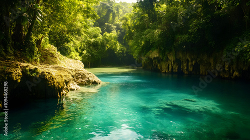 A hidden jungle lagoon with turquoise waters surrounded by steep cliffs and dense foliage.