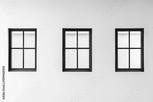 Three black-framed windows on a minimalist white wall.