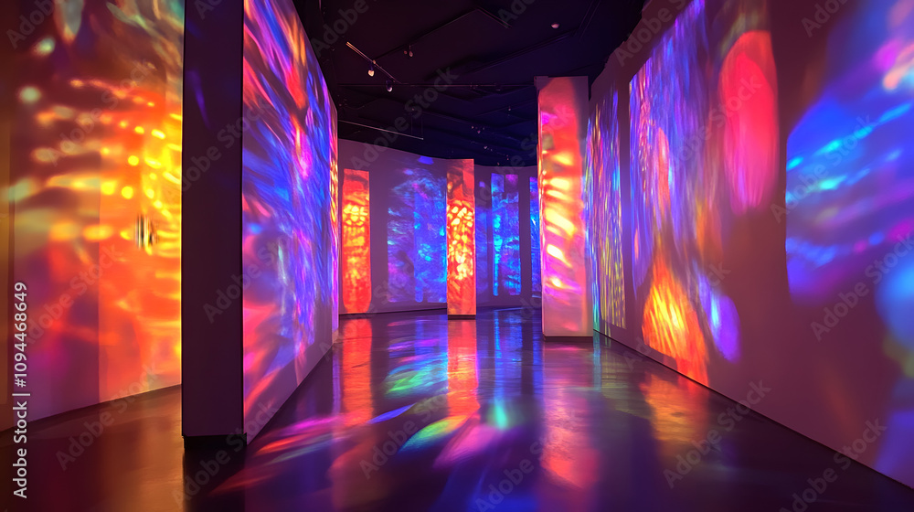 A holographic projection art installation showing a pulsating kaleidoscope of colors. A holographic projection art installation showing a pulsating kaleidoscope of colors.