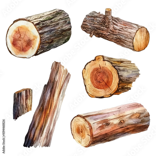 Set of watercolor logs on a white background.