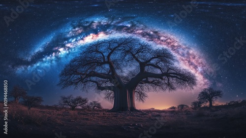 A lone baobab tree stands under the starry Savannah sky, its silhouette framed by the Milky Way in a testament to the timeless connection between earth and cosmos.