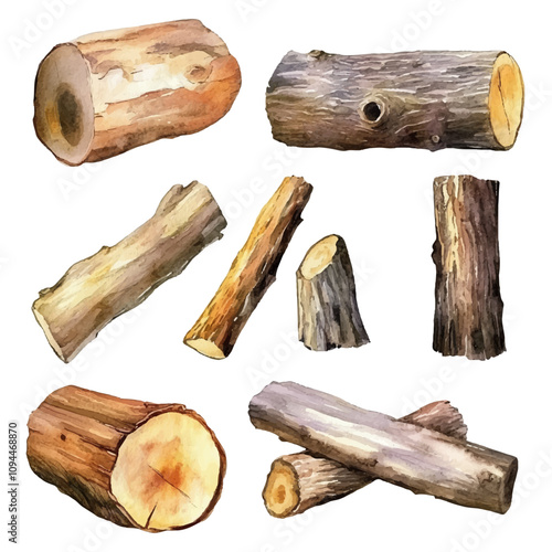 Set of watercolor logs on a white background.