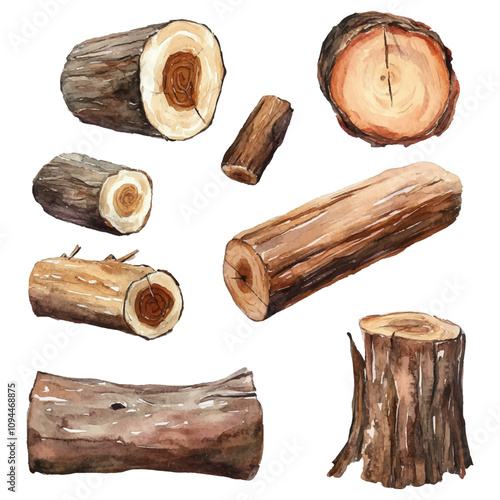 Set of watercolor logs on a white background.