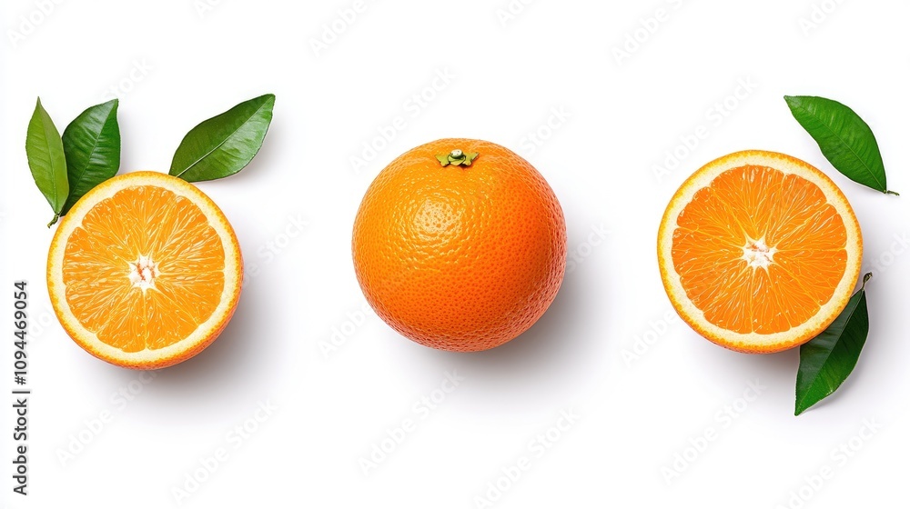 Vibrant orange with fresh green leaves and a perfectly sliced half showcasing juicy pulp and zestful color Vibrant orange with fresh green leaves and a perfectly sliced half showcasing juicy pulp and zestful color