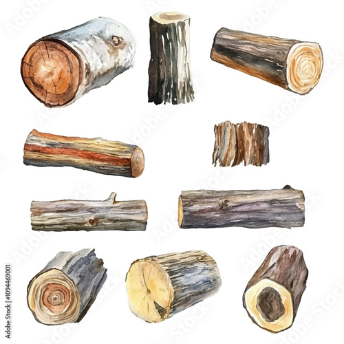 Set of watercolor logs on a white background.