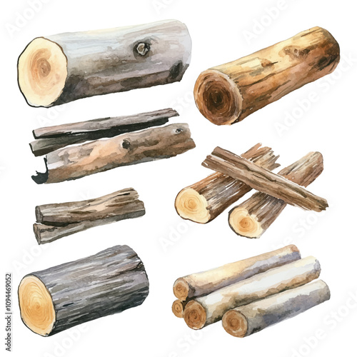 Set of watercolor logs on a white background.
