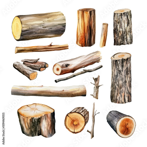 Set of watercolor logs on a white background.