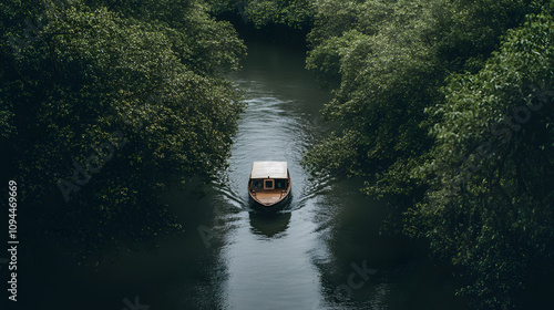 Wallpaper Mural A jungle expedition boat traveling down a narrow river surrounded by dense overhanging trees. Torontodigital.ca