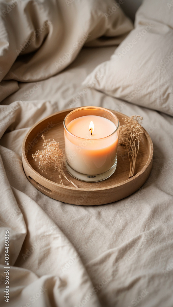 A burning candle against a beige background