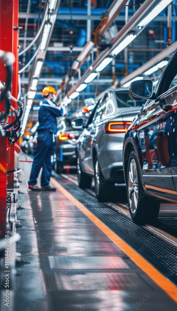 Engineers Conducting Software Updates at Car Assembly Line in Bright, Organized Factory Setting Engineers Conducting Software Updates at Car Assembly Line in Bright, Organized Factory Setting