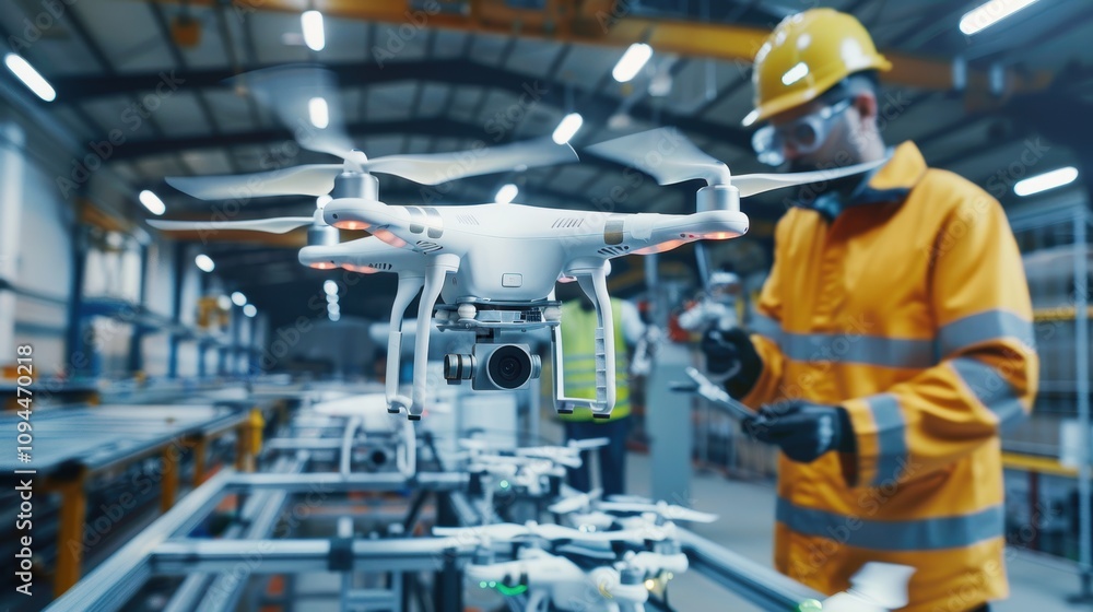 Engineers Conducting Quality Checks on Drones in High-Tech Manufacturing Facility Engineers Conducting Quality Checks on Drones in High-Tech Manufacturing Facility