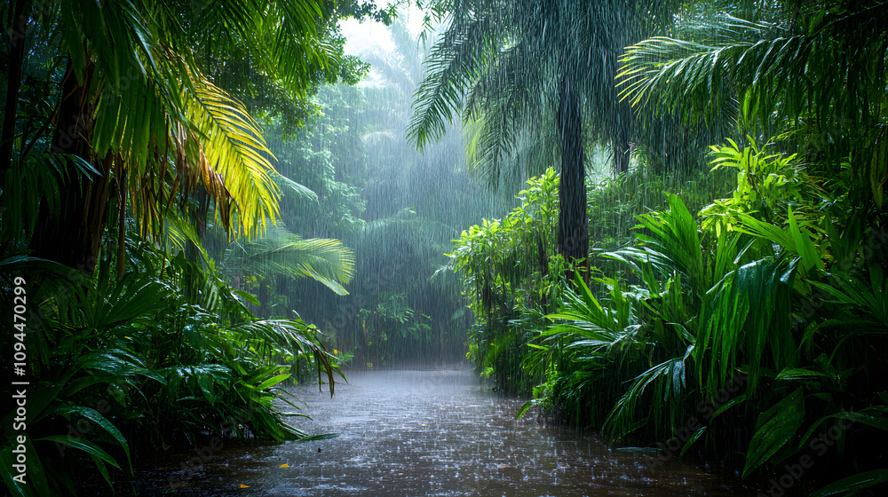A jungle rainstorm with water cascading off leaves and creating a serene wet atmosphere. A jungle rainstorm with water cascading off leaves and creating a serene wet atmosphere.