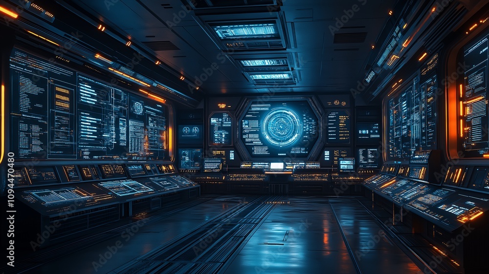 Futuristic Control Room With Advanced Technology and Glowing Interfaces. Generative AI Futuristic Control Room With Advanced Technology and Glowing Interfaces. Generative AI