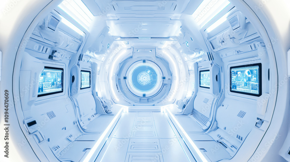 Futuristic white interior of a laboratory or spaceship Futuristic white interior of a laboratory or spaceship