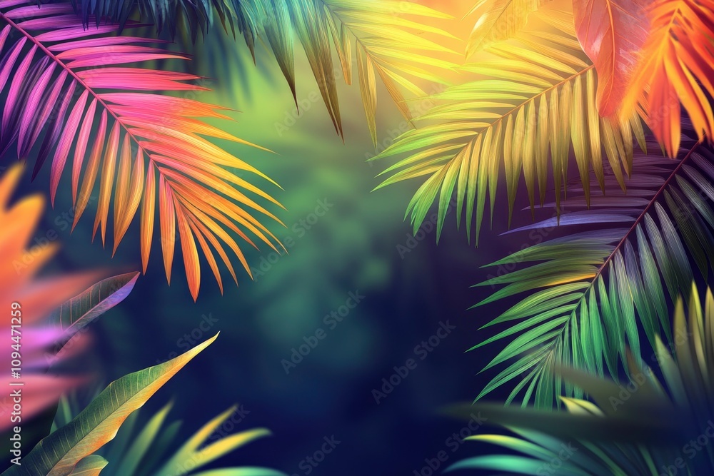 Vibrant tropical foliage with colorful palm leaves creating a lush, serene atmosphere. Vibrant tropical foliage with colorful palm leaves creating a lush, serene atmosphere.