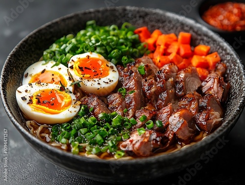 Steaming Bowl of Ramen with Soft Boiled Eggs Pork and Vibrant Vegetables on Clean Minimalist Backdrop