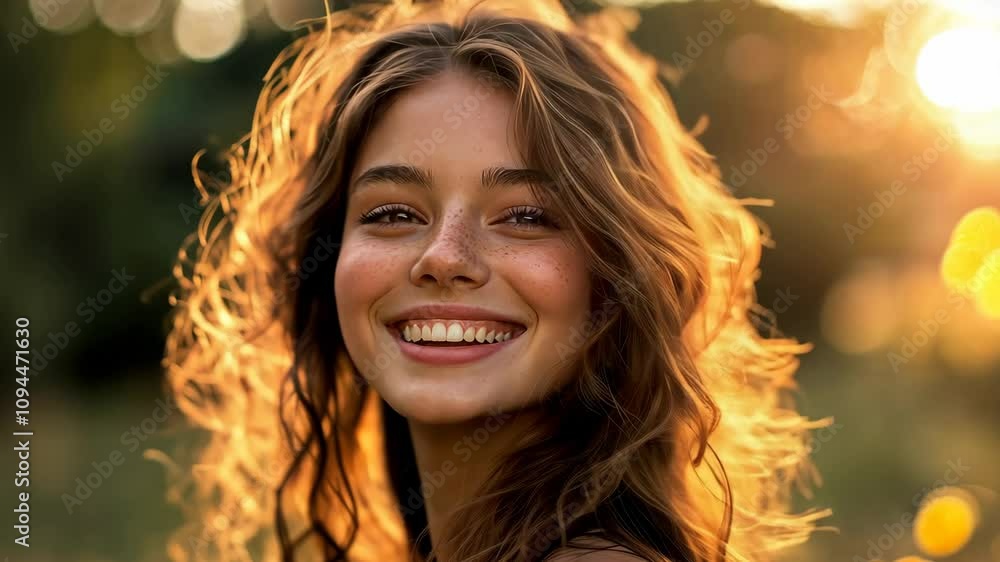 Smiling young woman enjoys a warm sunset surrounded by nature with cheerful vibes in beautiful golden light Smiling young woman enjoys a warm sunset surrounded by nature with cheerful vibes in beautiful golden light