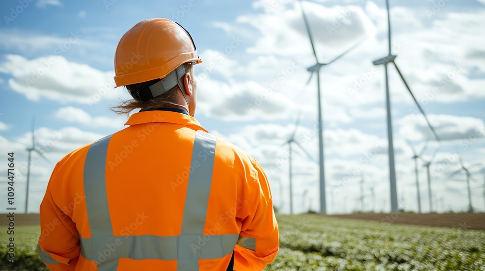 Worker observing wind turbines in open field. Worker observing wind turbines in open field.