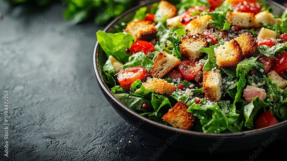 Neatly Arranged Classic Caesar Salad with Romaine Croutons and Creamy Dressing on White Background Neatly Arranged Classic Caesar Salad with Romaine Croutons and Creamy Dressing on White Background