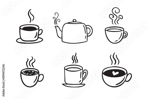 Hand drawn hot drinks set. Doodle coffee cups white background. Coffee, tea, cappuccino, espresso, latte, americano, hot chocolate