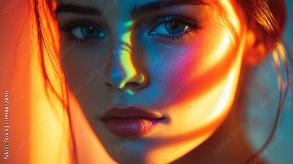 Close-up portrait of a young woman's face illuminated by vibrant, colorful light. Close-up portrait of a young woman's face illuminated by vibrant, colorful light.