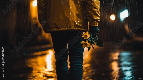 Person Standing in Rain Holding a Wilted Flower