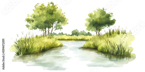 Watercolor, simple vector-style nature scene with trees and grassy hills on the left side isolated on a white background.