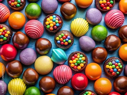 A Colorful Array of Candy-Coated Chocolates Showcasing Vibrant Hues and Glossy Finishes for a Sweet and Delightful Treat in a Minimalist Photography Style