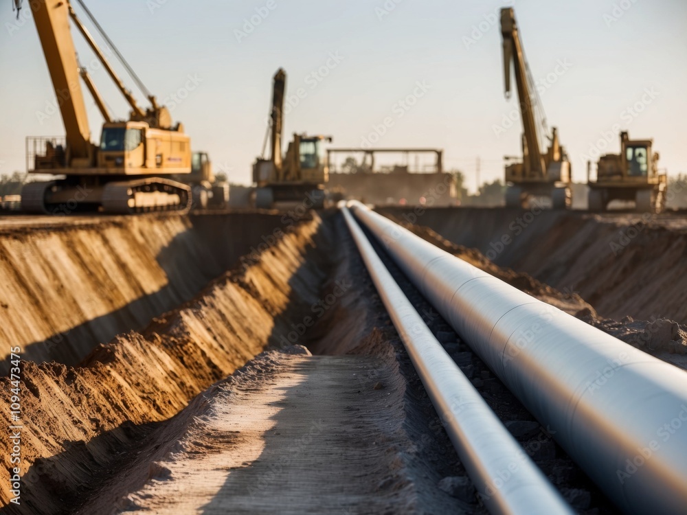 Long horizontal oil and gas pipeline prepared for laying in an open pit construction site with machinery in the background. Long horizontal oil and gas pipeline prepared for laying in an open pit construction site with machinery in the background.