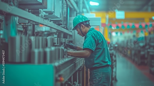 A factory worker in a green uniform and helmet inspects machinery