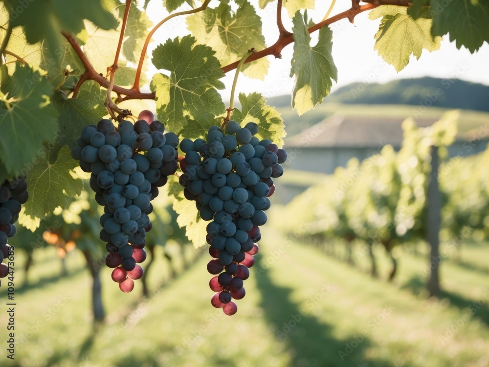 Naklejka premium Ripe grapes hang on a vine in a vineyard on a sunny day.