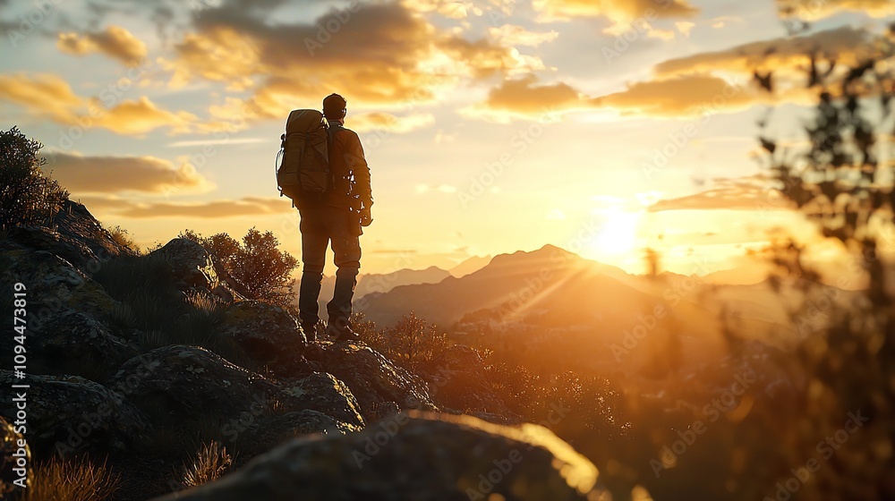 Travel Photographer: Man Traveler with Camera at Sunset Travel Photographer: Man Traveler with Camera at Sunset