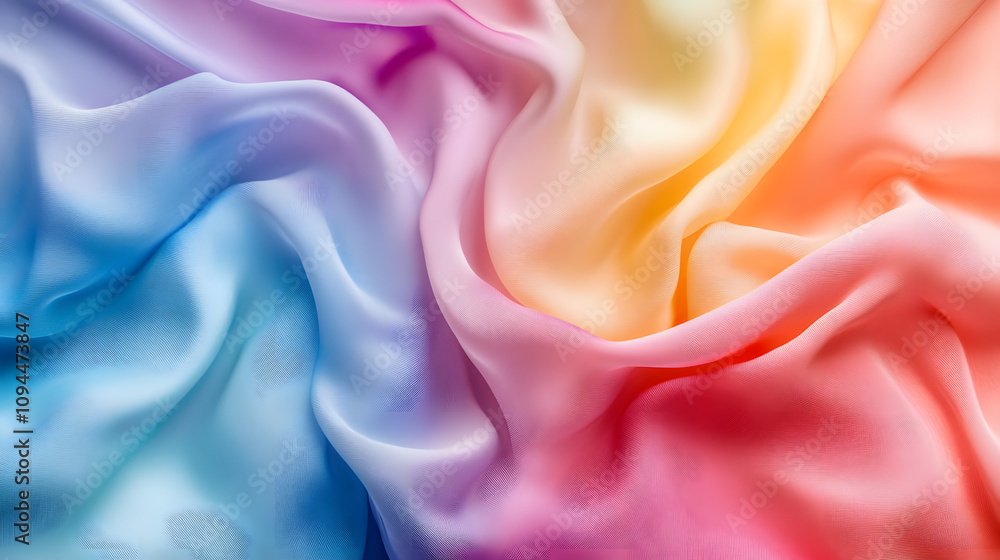 A modern art piece featuring cascading fabric dyed in gradient tones of the rainbow. A modern art piece featuring cascading fabric dyed in gradient tones of the rainbow.