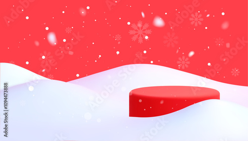 Winter 3D Background with Red Podium and Falling Snow