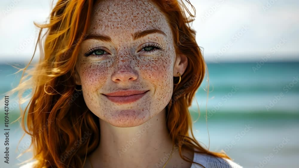 Portrait of a smiling red-haired woman at the beach with waves in the background during a sunny day Portrait of a smiling red-haired woman at the beach with waves in the background during a sunny day