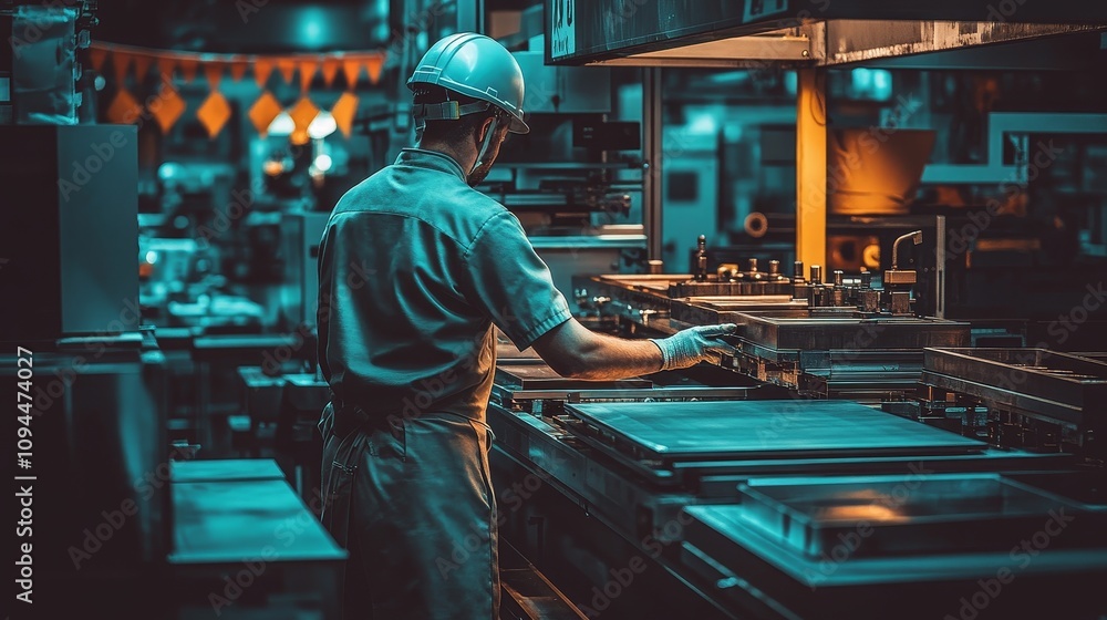 A Worker in a Blue Shirt and Hard Hat Operates Machinery in an Industrial Kitchen A Worker in a Blue Shirt and Hard Hat Operates Machinery in an Industrial Kitchen