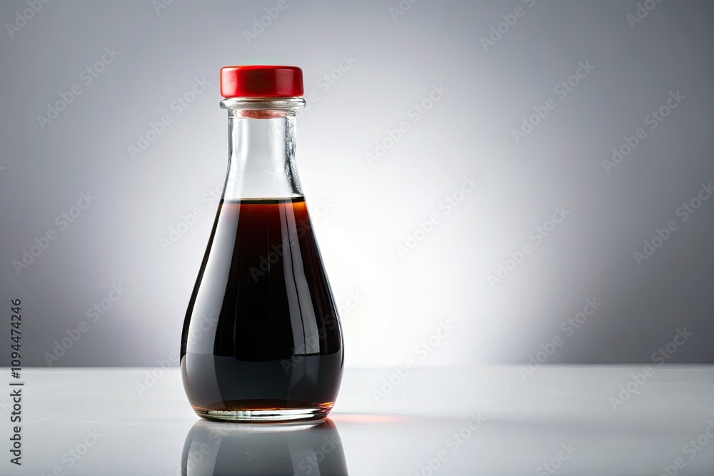 Clear Glass Bottle with Soy Sauce on White Background - Perfect for Culinary Photography, Food Styling, and Restaurant Menus Clear Glass Bottle with Soy Sauce on White Background - Perfect for Culinary Photography, Food Styling, and Restaurant Menus