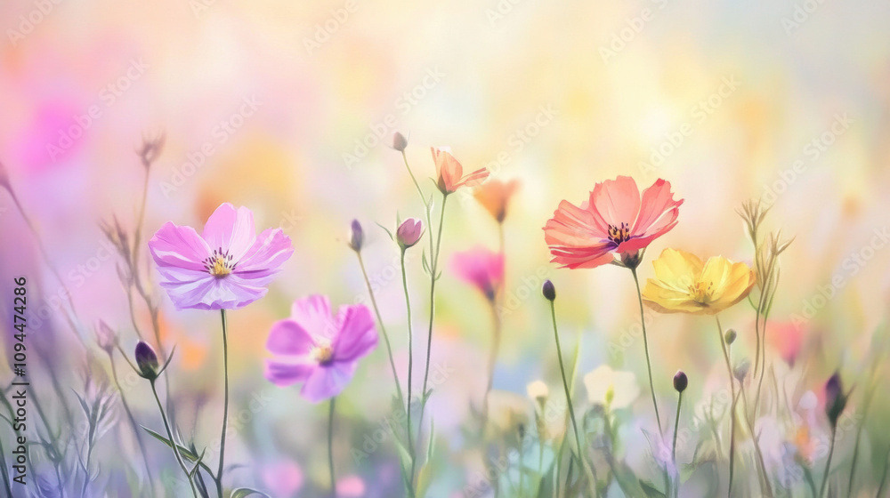 Obraz premium Serene watercolor cosmos flowers soft, dreamy pastel colors evoke peace