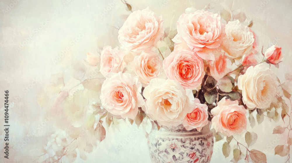 Lush bouquet of peach roses in vase, evokes feelings of serenity and romance Lush bouquet of peach roses in vase, evokes feelings of serenity and romance